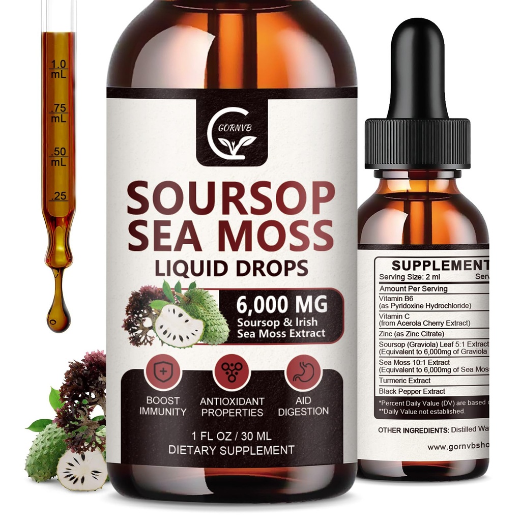 (2 Pack) Sourop Graviola Liquid Drop, Sourop Bitters Multivitamine Liquid with Sea Moss & Turmeric, 98% Absorption pour le soutien cellulaire et la régénération, Immune Boost et foie, 1 Fl Oz