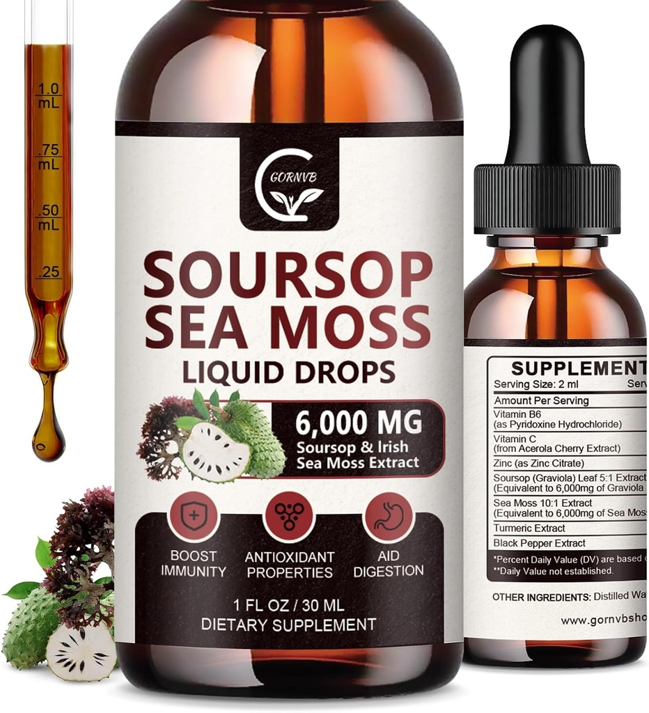 (2 Pack) Sourop Graviola Liquid Drop, Sourop Bitters Multivitamine Liquid with Sea Moss & Turmeric, 98% Absorption pour le soutien cellulaire et la régénération, Immune Boost et foie, 1 Fl Oz