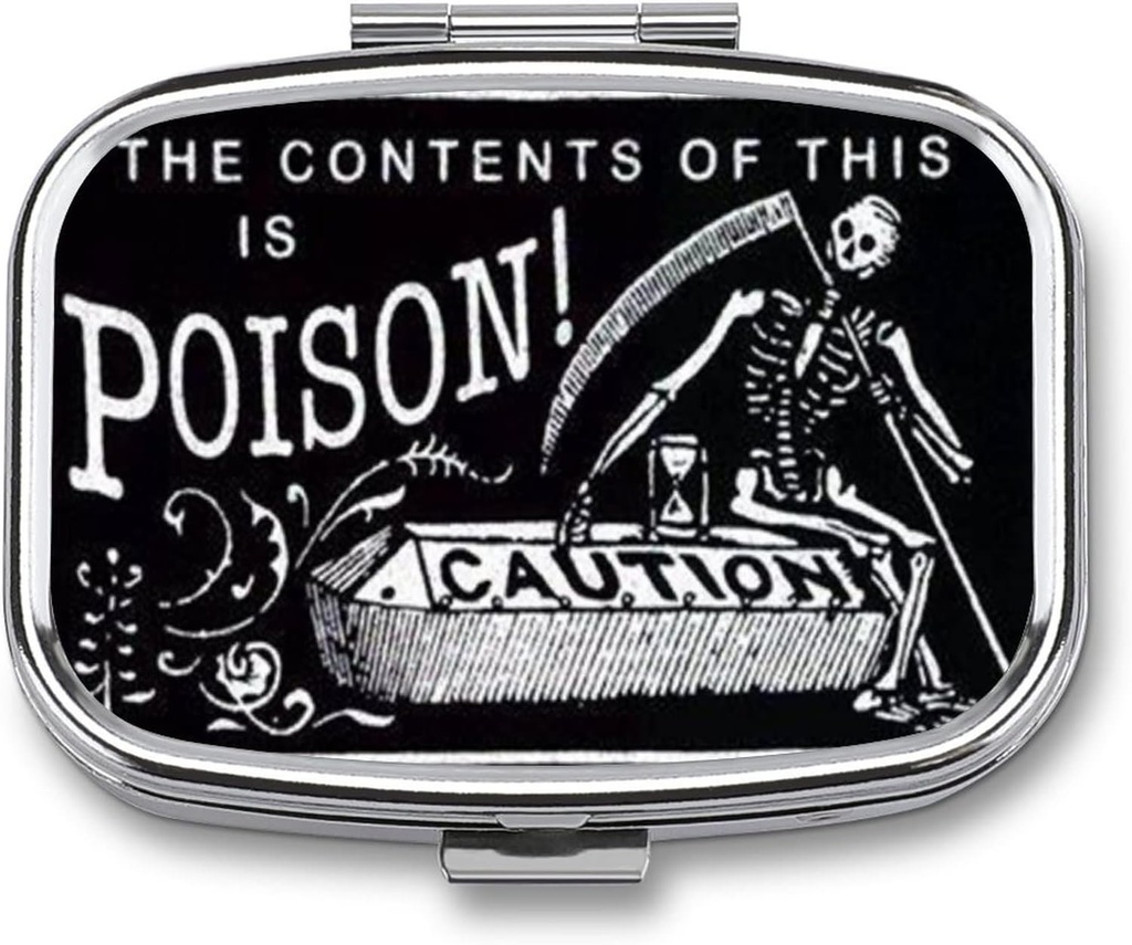 Metal 2 Compartiment Pill Organizer Travel Friendly Portable Compact Box Cute Case to Hold Vitamines/Tylenol/Fish Oil/Supplements/Meds/Tablet (Poison Attention), 1,97 x 0,79 x 0,39 pouce