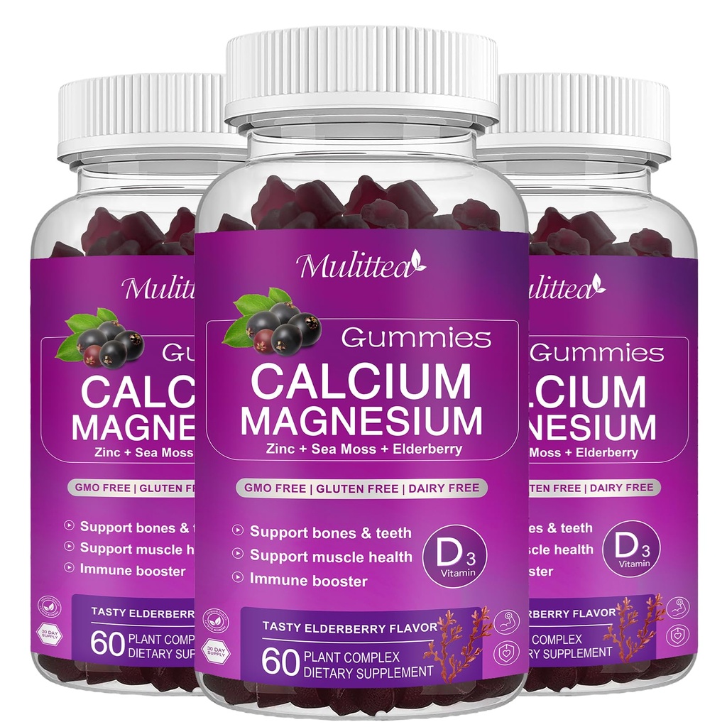 Calcium Magnésium Zinc Gommies avec haute absorption Magnésium Glycinate 200mg, Potassium - Supplément de Calcium Plant avec D3 et mousse de mer pour les os, les muscles, l'humeur calme et le sommeil- Enfants et adultes (3 Pack)