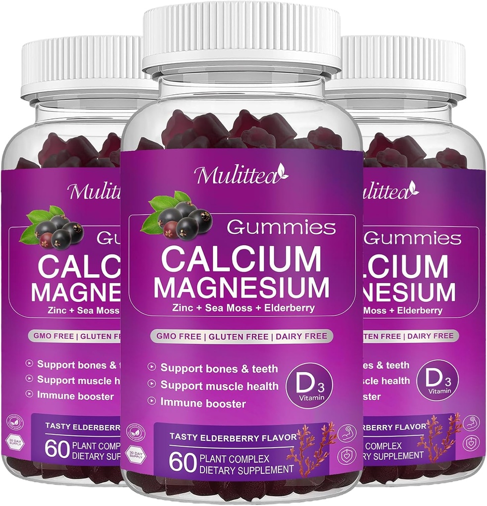 Calcium Magnésium Zinc Gommies avec haute absorption Magnésium Glycinate 200mg, Potassium - Supplément de Calcium Plant avec D3 et mousse de mer pour les os, les muscles, l'humeur calme et le sommeil- Enfants et adultes (3 Pack)