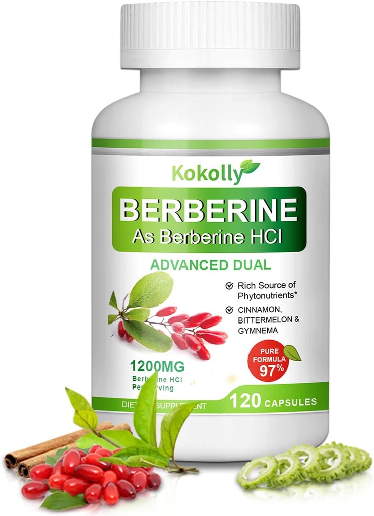 Supplément berbère 1200mg -plante naturelle à base de Berbère HCL,Cinnamon, Bittermelon, Gymnema(120 Capsules)