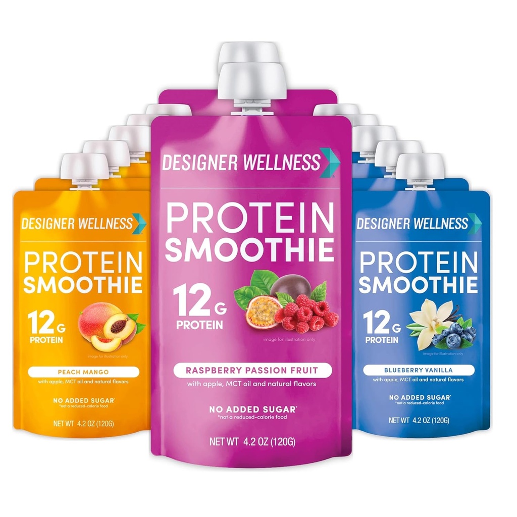 Designer Wellness Protein Smoothie, Real Fruit, 12g Protéines, Faible Carb, Zéro Sucre ajouté, Sans gluten, Non-OGM, Pas de Couleurs artificielles ou des saveurs, Super Fruits Variety Pack, 12 Compte