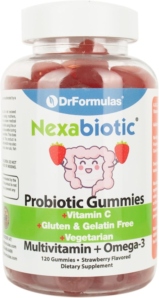 DrFormulas Multivitamine Gummies avec Oméga 3 et probiotiques pour les enfants et les adultes avec vitamine C. Nexabiotique avec vitamine A, C, D3, E, B6, B12 et zinc, biotine, folate.