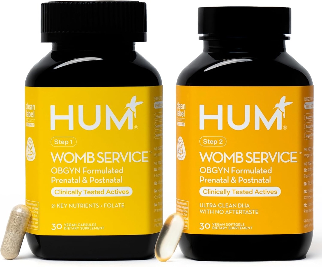HUM Womb Service Suppléments postnatals et prénatals pour les femmes, OBGYN formulé avec le DHA végétalien, Choline et folate, nutriments quotidiens propres, soutien pré-post-grossesse, 30 Capsules végétaliens et 30 Softgels
