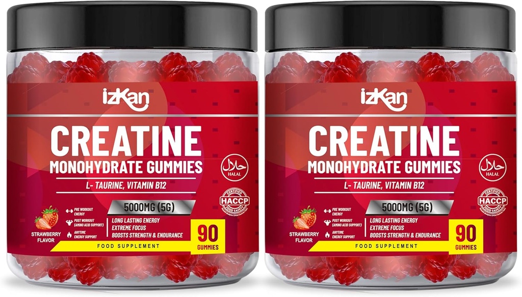 Créatine monohydraté Gummy 5000mg pour les hommes et les femmes - 180 Créatine à croquer ADVANCE COMPLEX Taurine & B12 Gummies Fraise aromatisée.