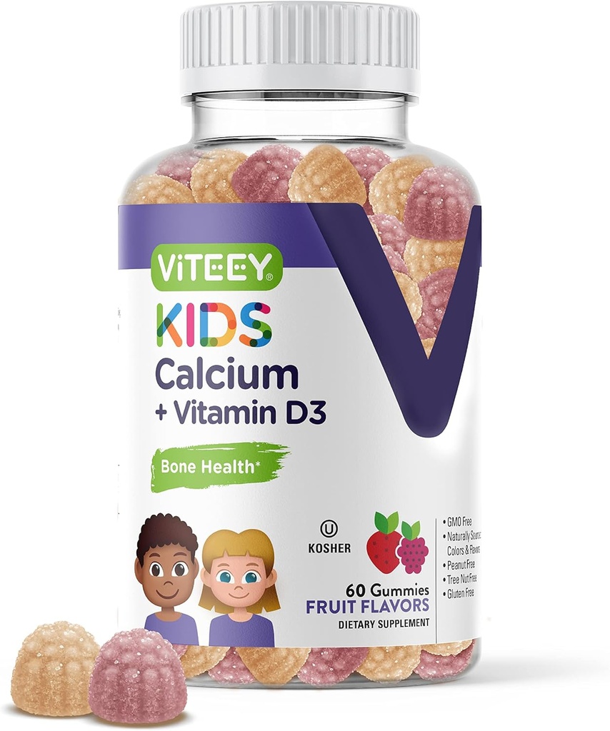 Enfants Gommies de calcium avec vitamine D3 - soutient la santé osseuse et la santé des dents - Calcium naturellement source 500mg Plus vitamine D3 1000iu - sans gluten, sans OGM - Gummy aromatisé aux fruits à mâcher