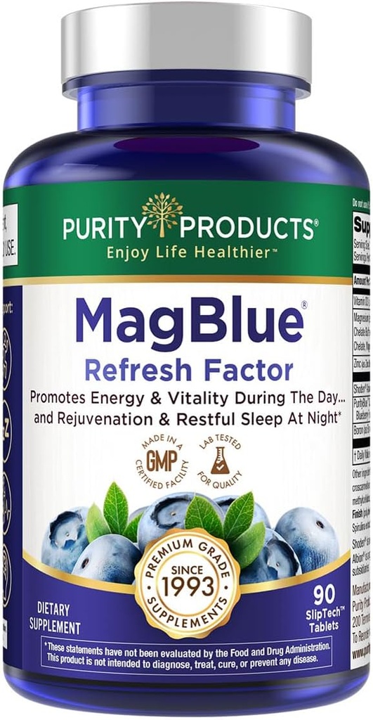 Produits de pureté MagBlue Refresh Factor Super Boost - Magnésium Bisglycinate, Shoden Ashwagandha, Vitamine D3, Zinc et Boron - 90 comprimés