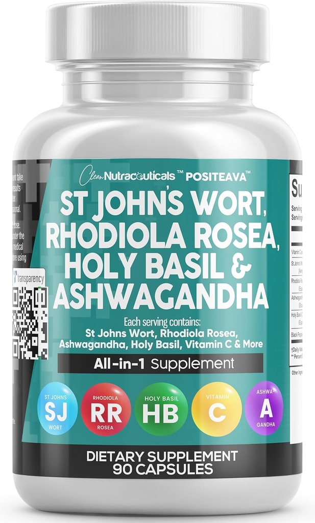 Nutraceutiques propres St Johns Wort Rhodiola Rosea Saint basilic Ashwagandha - Mood Support pour les femmes et les hommes avec vitamine C et extrait de poivre noir - 90 capsules