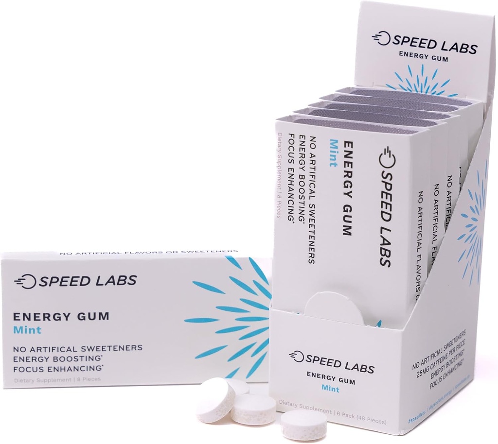 Labs de vitesse Menthe naturel caféine énergie Gum 25mg caféine, Taurine, B vitamines par pièce, 48 pièces (6 paquets de 8) sans sucre, zéro calories, naturellement sucré, sans gluten