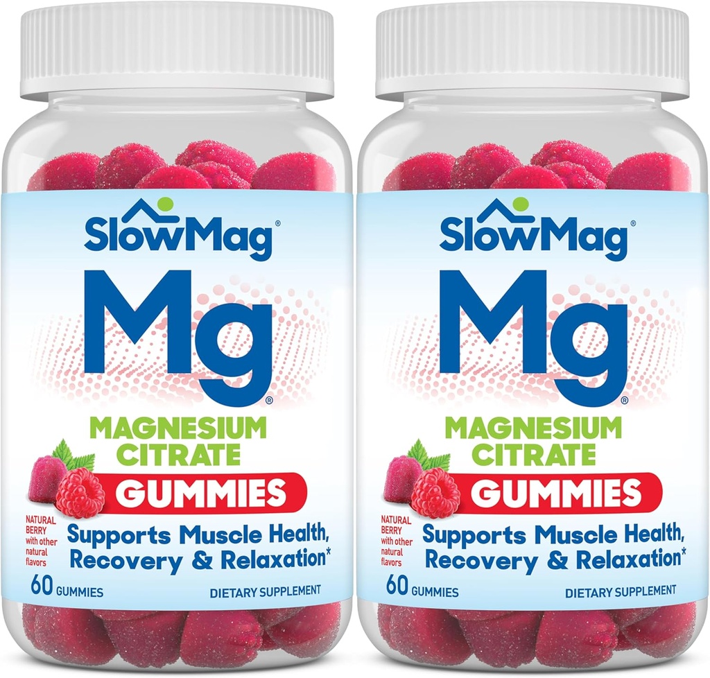 SlowMag Magnesium Citrate Gummies, 60 Comte, soutient la santé musculaire, l'arôme naturel de baie, la récupération et la relaxation Pack de 2