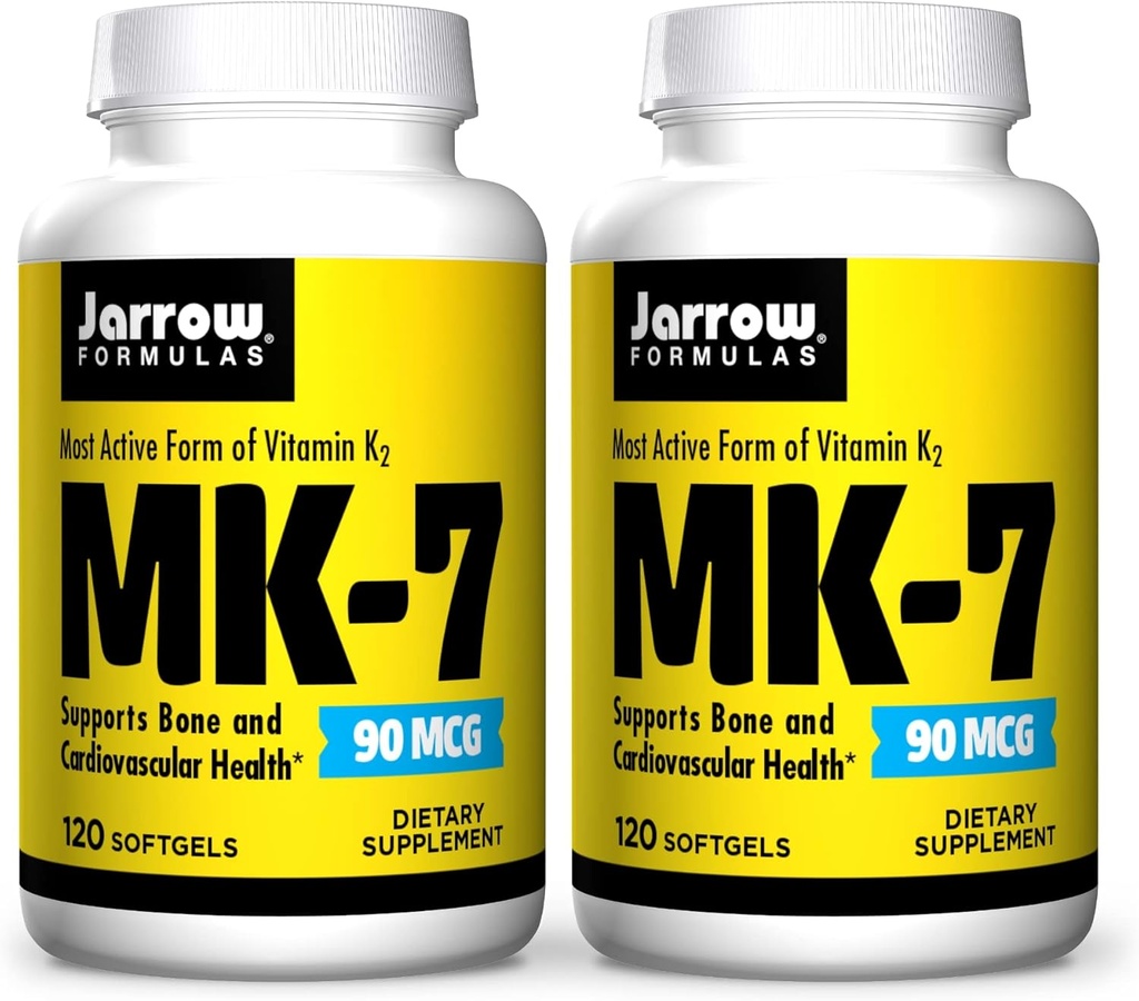 Formules Jarrow MK-7 90 mcg - 120 Softgels, pack de 2 - Produit de vitamine K supérieure pour construire des os forts - Soutient la santé cardiovasculaire et cardiaque - 240 Total des portions