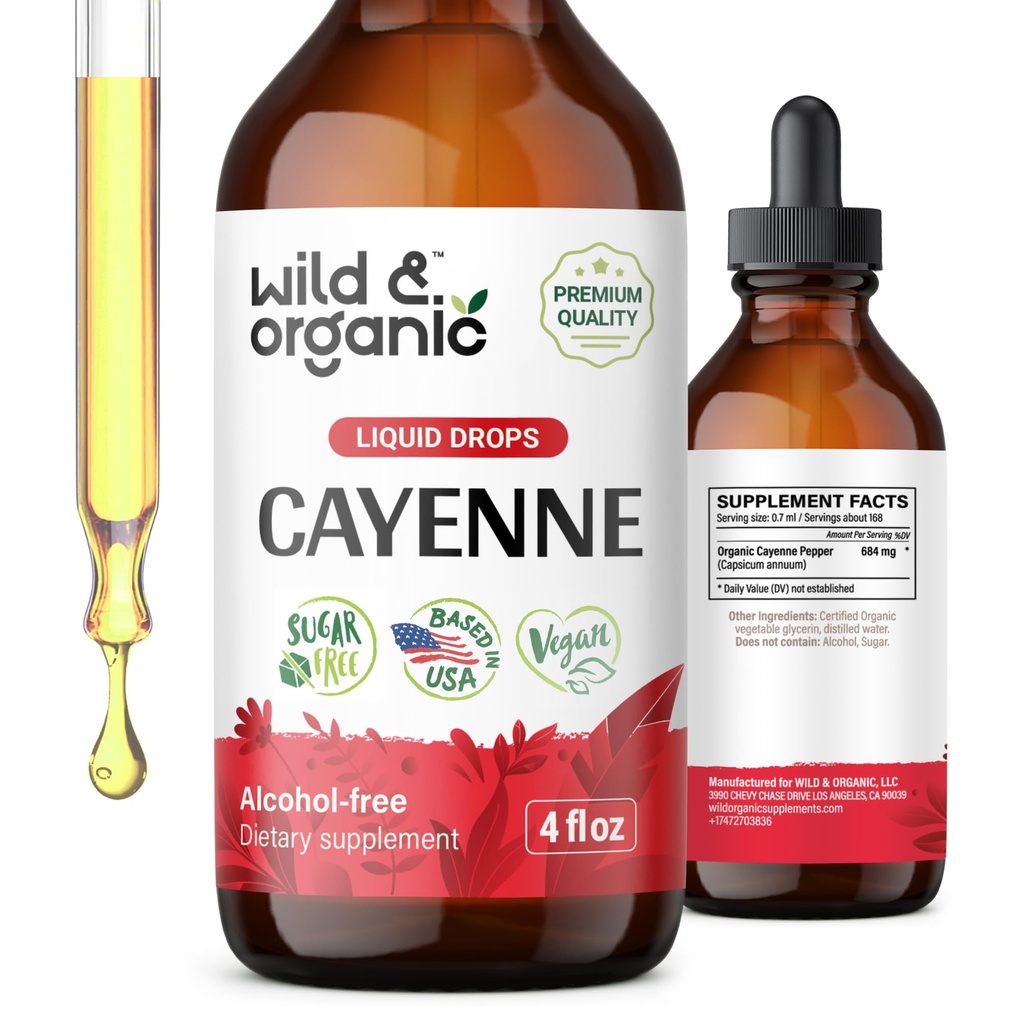 Teinture de poivre sauvage et biologique Cayenne - Soutien digestif avec extrait de Capsaicin - Cayenne gouttes liquides de poivre pour le bien-être global - végétalien, sans sucre et sans alcool - 4 fl oz