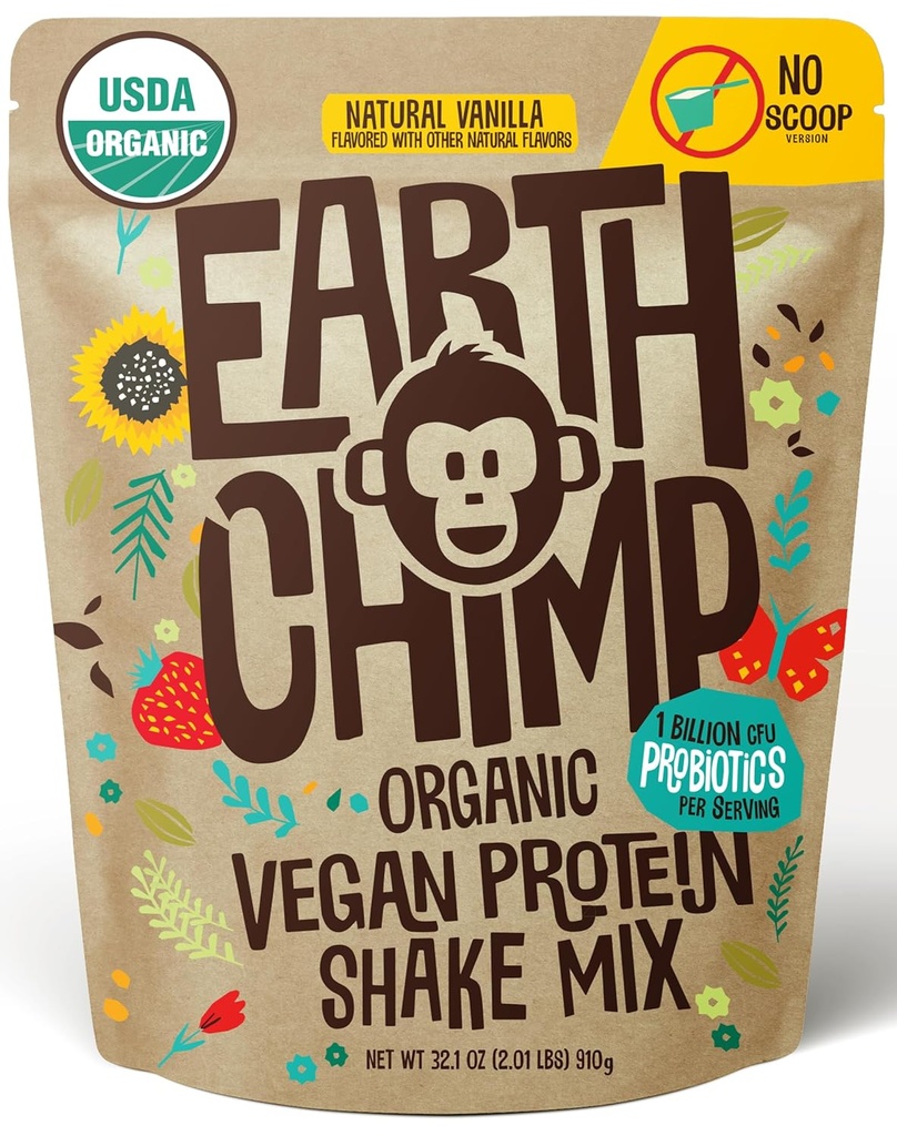 EarthChimp poudre de protéines végétales organiques - avec probiotiques - Non OGM, sans produits laitiers, sans lactosérum, à base de plantes poudre de protéines pour les femmes et les hommes, sans gluten - 26 portions 32 Oz (Vanilla) Pas de scoop