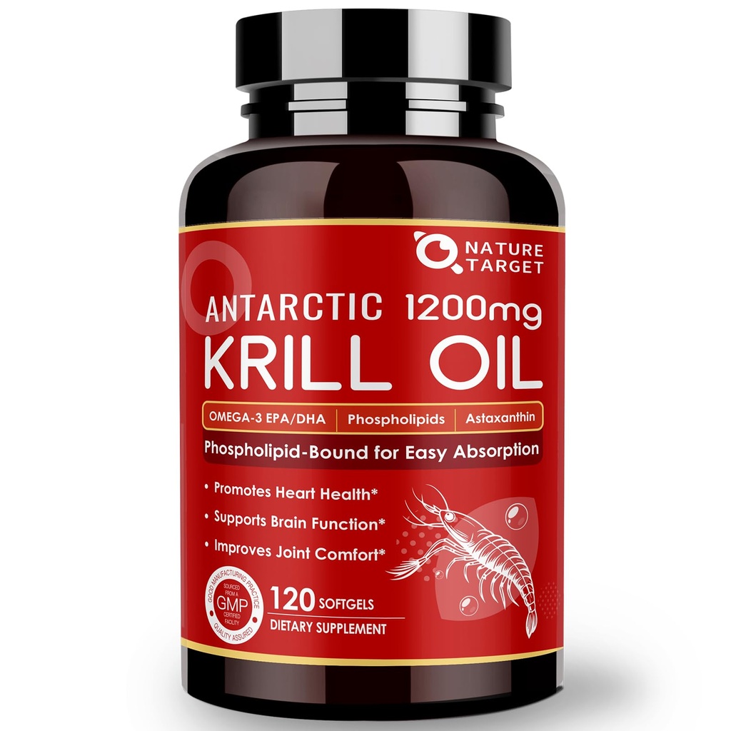 NATURE TARGET Krill Oil 1200mg avec Omega-3 EPA & DHA avec Astaxanthin, Phospholipides et Choline - soutient le cœur, le cerveau, rejoindre la santé, non-OGM, sans gluten, 120 Softgels (60 portions)