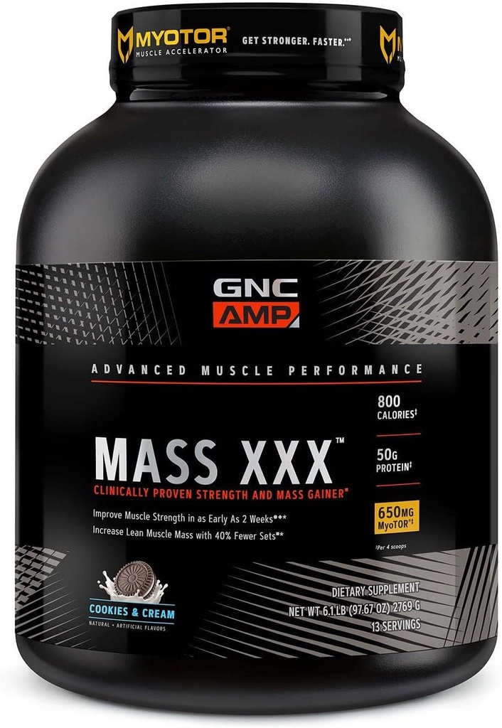 GNC AMP masse XXX, cliniquement prouvé gain de poids poudre de protéines, améliore la résistance, la taille, 780 calories, 50g de protéines, acides aminés micronisés, créatine, bêtaine, cookies et crème, 13 portions, 6 SVG
