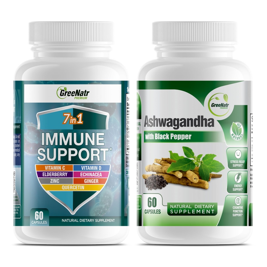 GreeNatr 7-in-1 Immune Support Supplement with Vitamin C, Vitamin D3, Zinc 50mg, Quercetin, Combined with Organic Ashwagandha Capsules Featuring Black Pepper for Enhanced Absorption