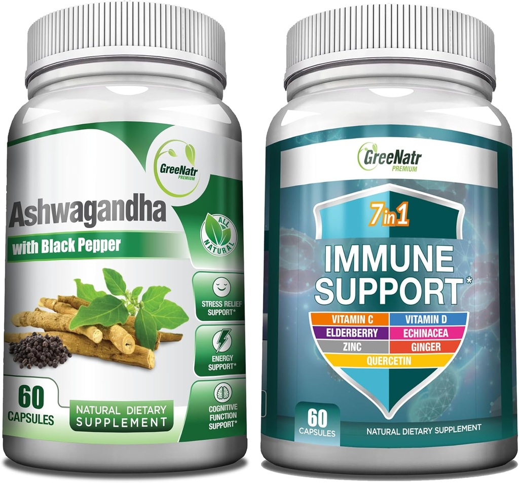 GreeNatr 7-in-1 Supplément de soutien immunitaire avec vitamine C, vitamine D3, Zinc 50mg, Quercetine, combiné avec des capsules d'Ashwagandha biologique avec poivre noir pour l'absorption améliorée