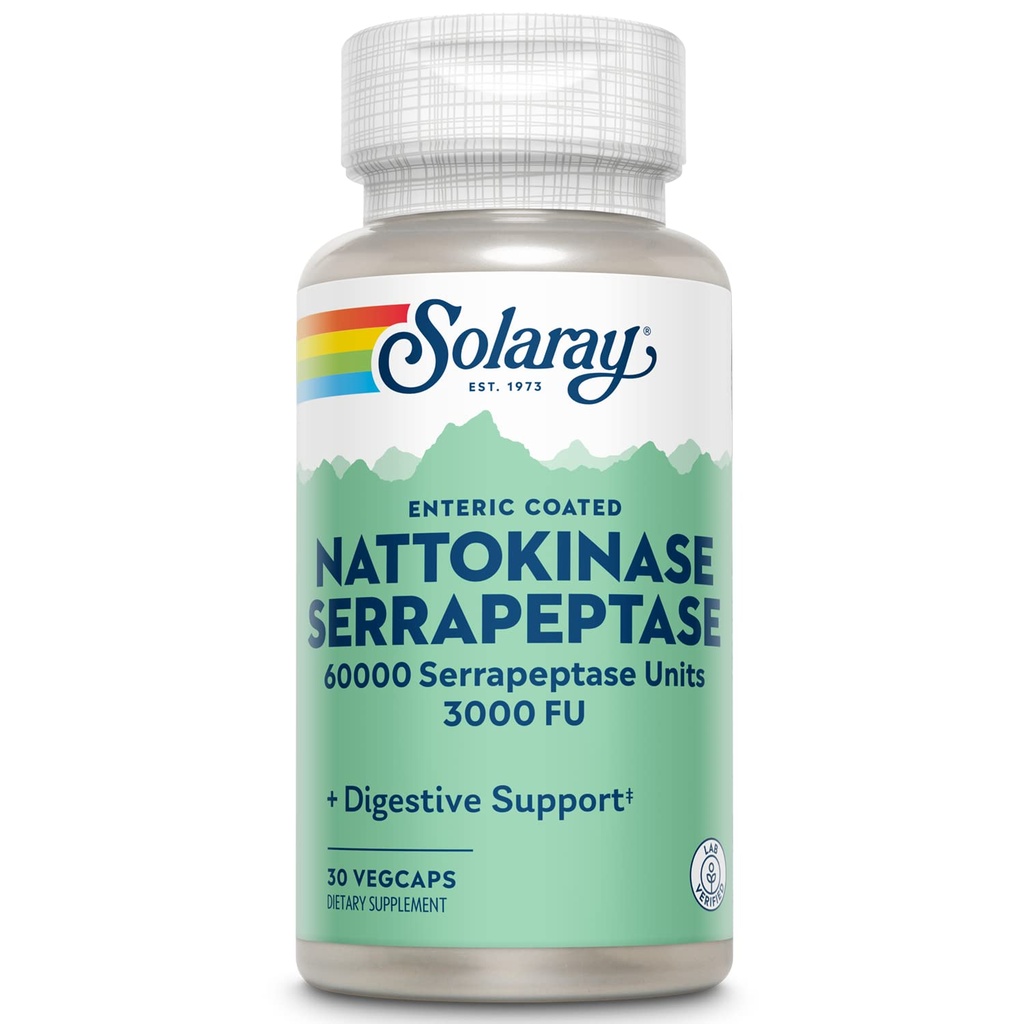 Complément à la nattokinase de SOLARAY Serrapeptase - Enrobé entérique - Supplément à la nattokinase de 3000 FU - Circulation, support cardiovasculaire, sinusal - Verifié en laboratoire, garantie de 60 jours - 30 portions, 30 VegCaps