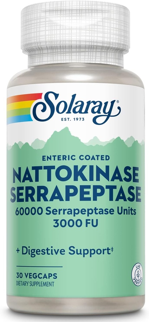 Complément à la nattokinase de SOLARAY Serrapeptase - Enrobé entérique - Supplément à la nattokinase de 3000 FU - Circulation, support cardiovasculaire, sinusal - Verifié en laboratoire, garantie de 60 jours - 30 portions, 30 VegCaps