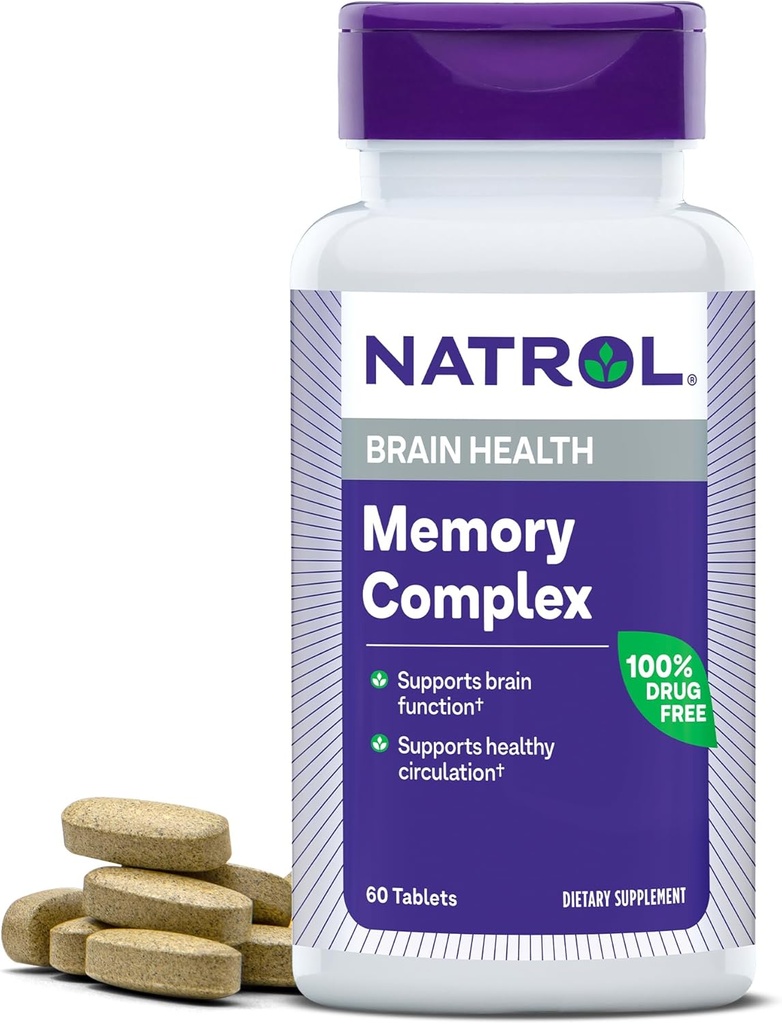 Complexe de mémoire de Natrol avec Ginkgo Biloba 120mg et B vitamines, supplément alimentaire pour la santé cérébrale et le soutien de la mémoire, 60 comprimés, 30 jours d'approvisionnement