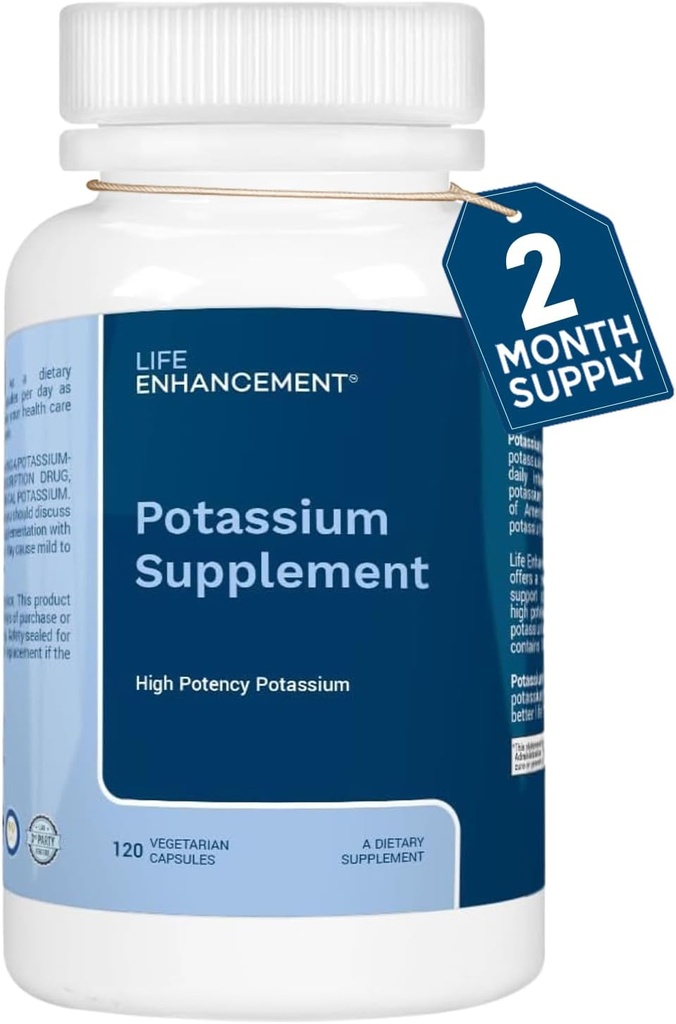 Amélioration de la vie Supplément de potassium à absorption élevée pour la santé des muscles, du cerveau et des os - Pas d'additifs Supplément de potassium élémentaire à haute puissance, fabriqué aux États-Unis (120 capsules – 60 portions)