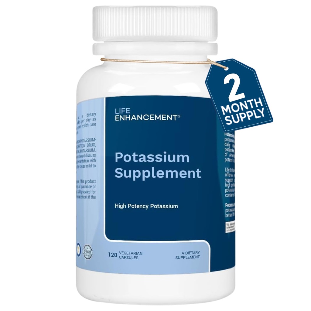 Amélioration de la vie Supplément de potassium à absorption élevée pour la santé des muscles, du cerveau et des os - Pas d'additifs Supplément de potassium élémentaire à haute puissance, fabriqué aux États-Unis (120 capsules – 60 portions)