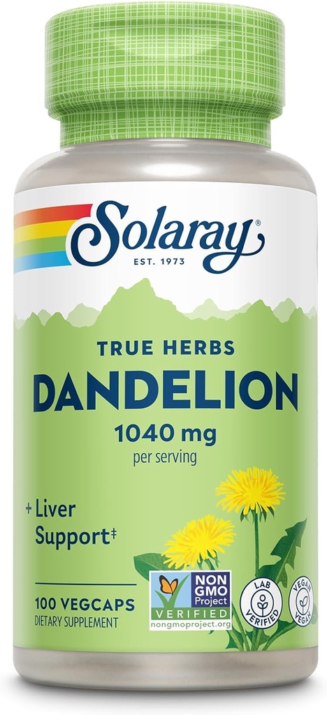 SOLARAY Supplément racine de dandelion - Rein santé et soutien du foie - 1 040 mg par portion - Vegan, laboratoire vérifié, garantie de 60 jours - 50 portions, 100 VegCaps