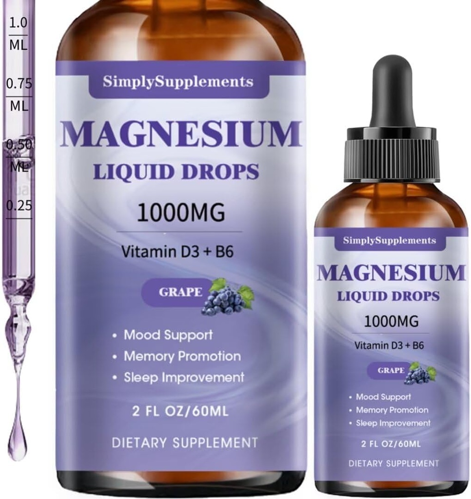 Triples gouttes liquides complexes de magnésium, 1000mg gouttes de glycinate de magnésium, Taurat et Citrate avec L-théanine, Vitamine D3 & B6 pour le sommeil et le soutien musculaire, Magnésium calme, Arôme de raisin, 2 Fl OZ
