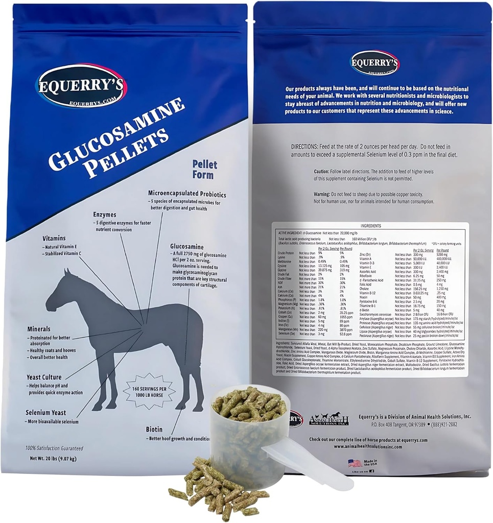 Pellets de glucosamine d'Equerry - Support pour chevaux avec probiotiques, enzymes digestives, vitamines et minéraux - Fabriqué aux États-Unis - 20lb