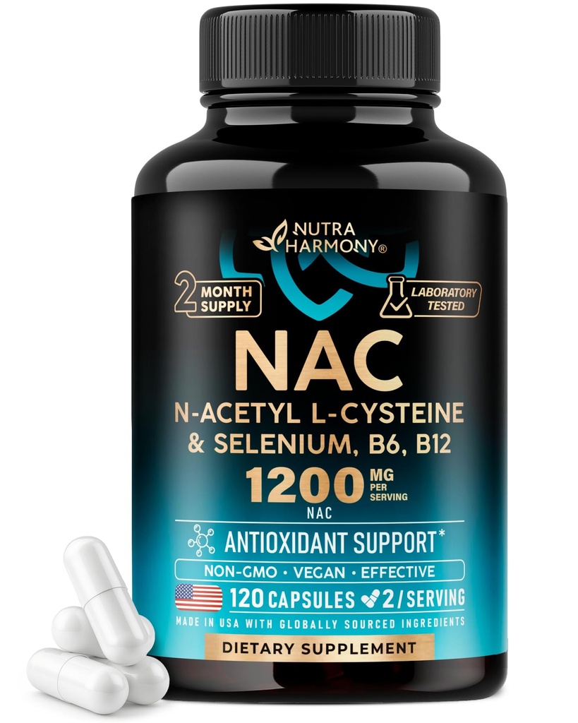 Supplément NAC: Sélénium: B6. B12 - Antioxydant, support immunitaire - N Acetyl Cysteine 600 mg par gélule, 1200 mg par portion - Fabriqué aux États-Unis - Non-OGM, Sans gluten, Vegan - 120 capsules, 2 mois d'approvisionnement