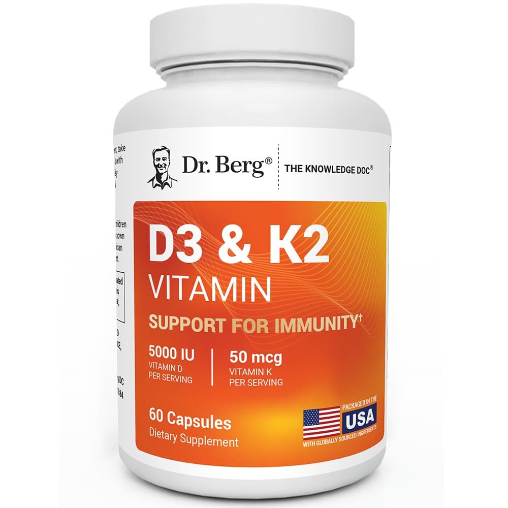 Dr Berg Résistance maximale 2-en-1 Vitamine D3 K2 5000 UI= Dérivé naturellement D3=4X Testé et vérifié en laboratoire Formule haute absorption K2 D3 Supplément de vitamine - 60 capsules