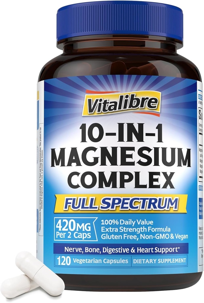 10 en 1 Magnésium complexe, 420mg Magnésium élémentaire, ultra-résistance, absorption maximale Supplément de magnésium chélaté pour le sommeil, les nerfs et la santé cardiaque