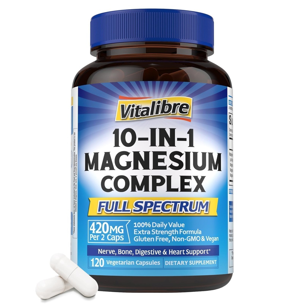 Vitalibre 10 en 1 Magnésium complexe, 420mg Magnésium élémentaire, ultra-résistance, absorption maximale Supplément de magnésium chélaté pour les nerfs, les os et la santé cardiaque
