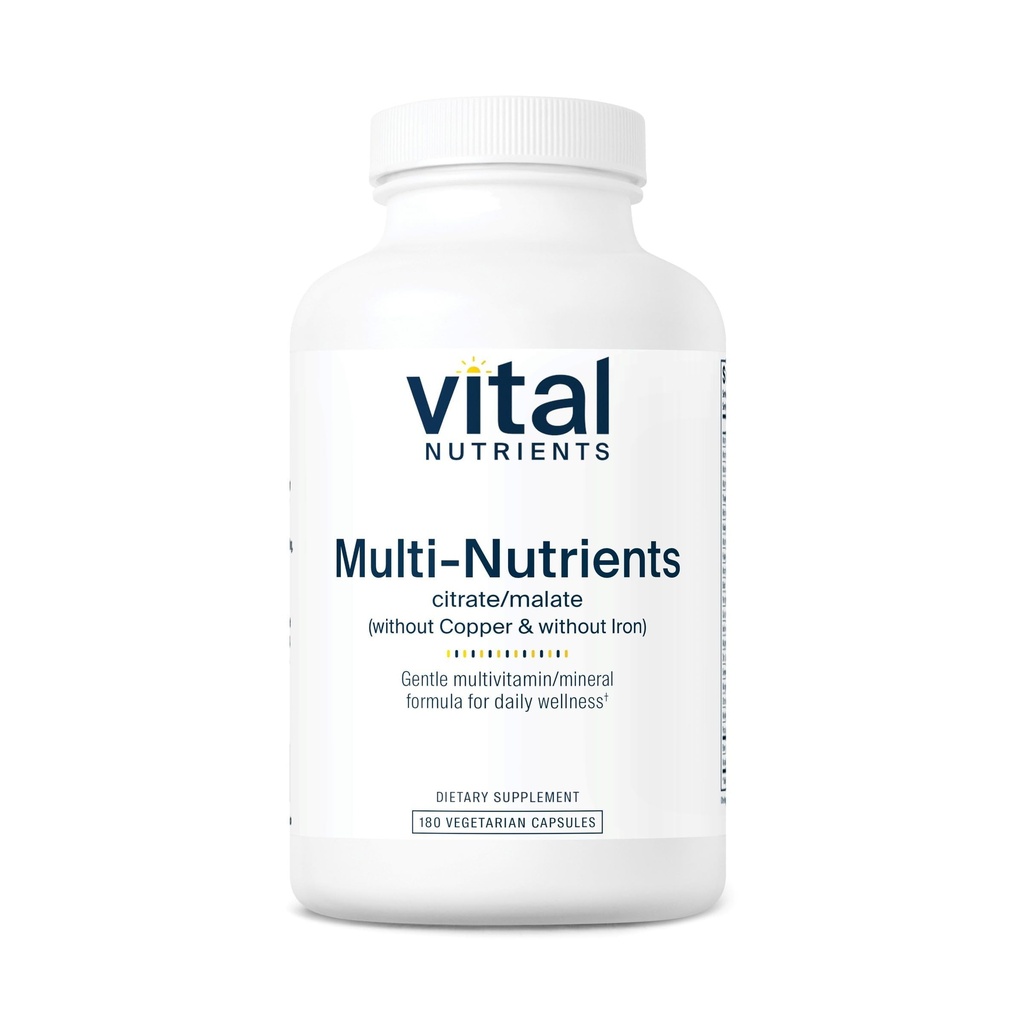 Nutrients vitaux Multi-Nutrients 3= Végétarien Multivitamine=Citrate/Malate Formule=Sans cuivre ou fer=Citrate/Malate Sans supplément multivitaminique, minéral et antioxydant=Gluten, laiterie, sans soja=180 Capsules