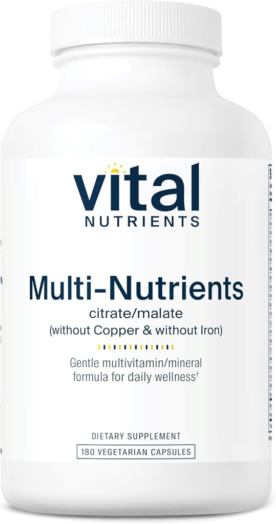 Nutrients vitaux Multi-Nutrients 3= Végétarien Multivitamine=Citrate/Malate Formule=Sans cuivre ou fer=Citrate/Malate Sans supplément multivitaminique, minéral et antioxydant=Gluten, laiterie, sans soja=180 Capsules