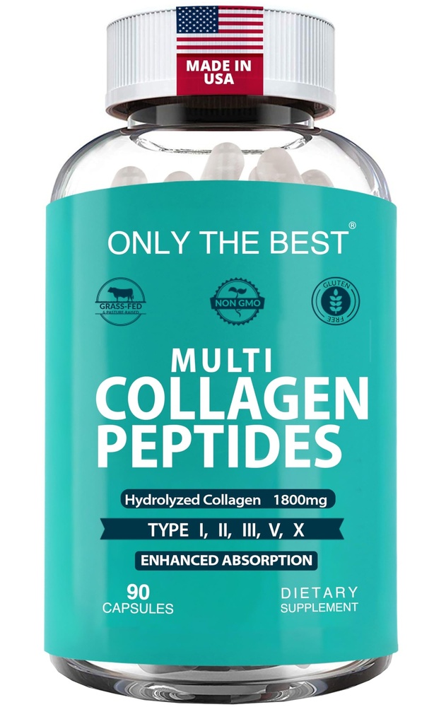 Capsules de Peptides Multi Collagène Premium 1800mg - Types I, II, III, V, X pour soutenir la peau, les cheveux, les ongles - aide les os, les articulations, les muscles et la santé digestive* supplément de collagène hydrolysé 90 capsules