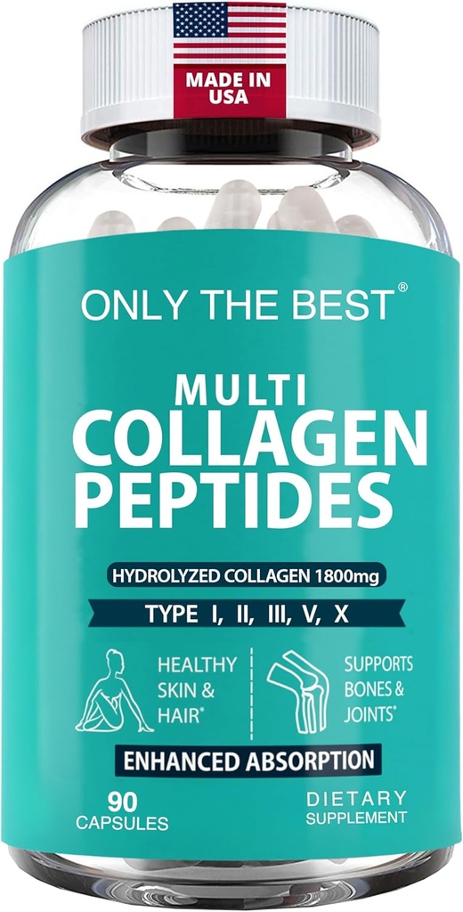 Capsules de Peptides Multi Collagène Premium 1800mg - Types I, II, III, V, X pour soutenir la peau, les cheveux, les ongles - aide les os, les articulations, les muscles et la santé digestive* supplément de collagène hydrolysé 90 capsules