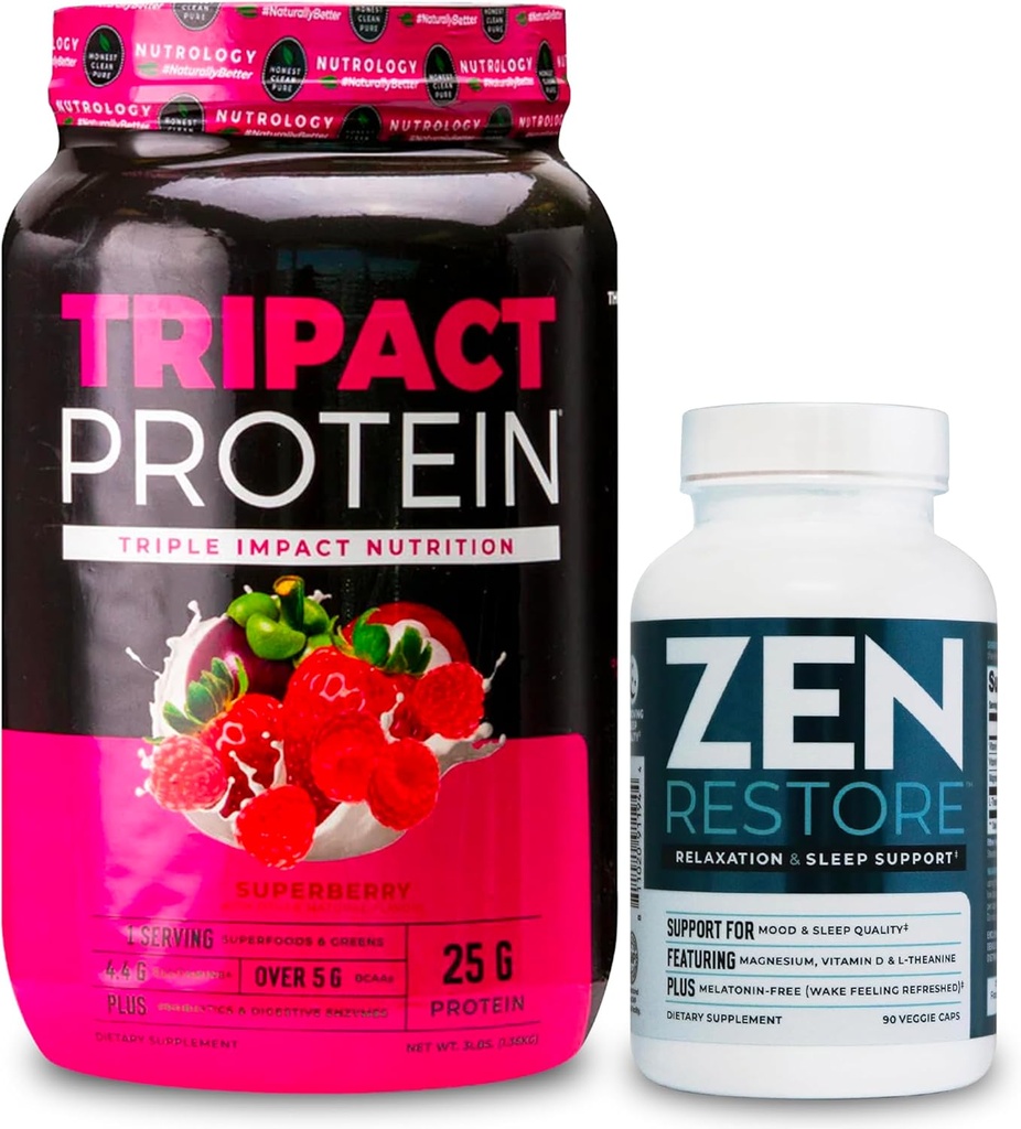 Nutrologie TRIPACT Poudre de protéines, 7-en-1 substitut de repas Shake, Superberry (40 portions) Supplément de magnésium naturel Zen (30 portions)
