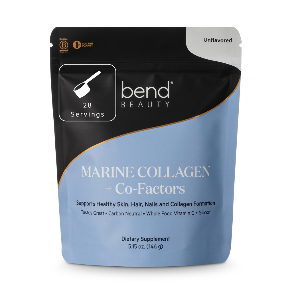 Bend Beauté Collagène marin + Co-Facteurs , Poudre de collagène non aromatisée , Supplément de collagène hydrolysé , Peptides de collagène de poisson + Silicone + Vitamine C , soutient peau, cheveux et ongles sains