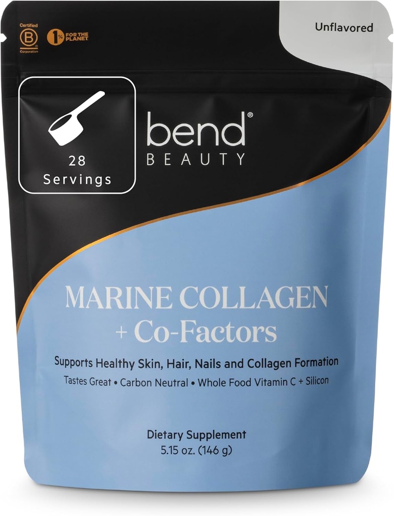 Bend Beauté Collagène marin + Co-Facteurs , Poudre de collagène non aromatisée , Supplément de collagène hydrolysé , Peptides de collagène de poisson + Silicone + Vitamine C , soutient peau, cheveux et ongles sains