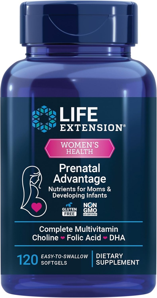 Avantage prénatal, Multivitamines pour femmes, Soutien pour bébés, acide folique, Choline, oméga-3s, vitamine C, D3, B1, B6, B12, zinc, niacine, sans gluten, sans OGM, 120 softgels
