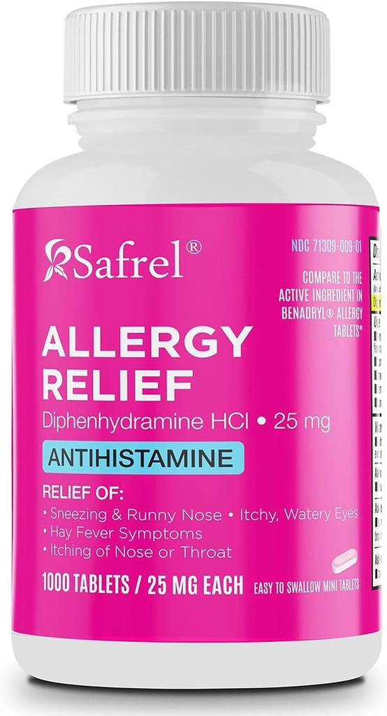 Safrel Allergie Relief Médicaments Diphenhydramine HCl Caplets 25 mg (1000 comte), Antihistamine Soulage Éternuement, Nez de runny, Fièvre de Hay, Yeux de démangeaison et Gorge, Pills d'allergie intérieure et extérieure saisonnières