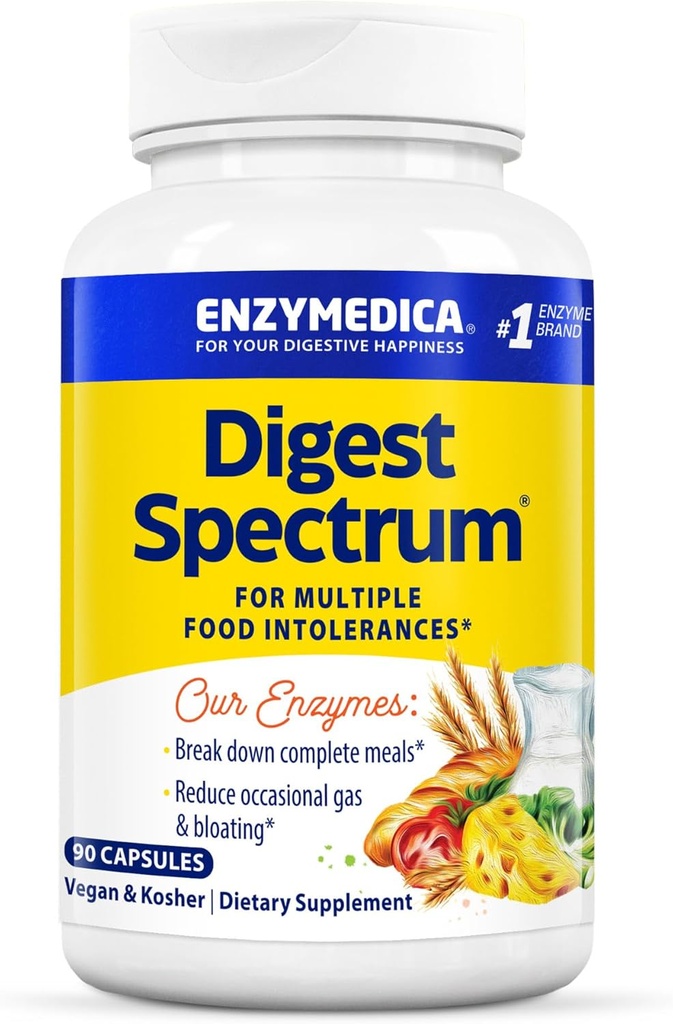 Enzymedica Digest Spectrum, enzymes digestives avancées pour les femmes et les hommes, soutient la digestion et les intolérances alimentaires multiples, formule à action rapide pour le gaz et le dégel, 90 capsules FFP
