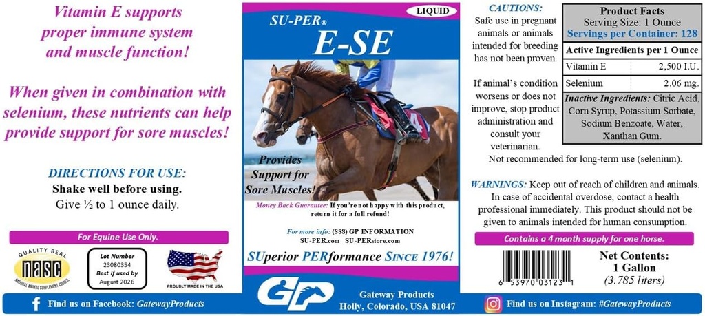 SUPER E-Se Horses Supplément antioxydant - Vitamine E & Sélénium pour le soutien des muscles douloureux - 1 Gallon, 4 mois d'approvisionnement (120 jours)