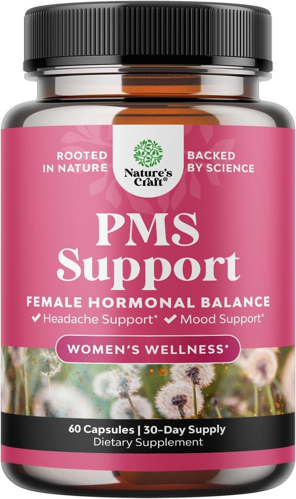 Supplément de soutien PMS pour les femmes – Équilibre hormonal pour les femmes et désagrément menstruel avec DIM, Chasteberry, Black Cohosh & Ashwagandha - pour les crampes d'époque Ease, Ménopause Bloating, Mood Swing – 60 Ct