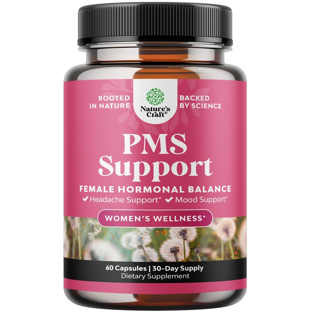 Supplément de soutien PMS pour les femmes – Équilibre hormonal pour les femmes et désagrément menstruel avec DIM, Chasteberry, Black Cohosh & Ashwagandha - pour les crampes d'époque Ease, Ménopause Bloating, Mood Swing – 60 Ct
