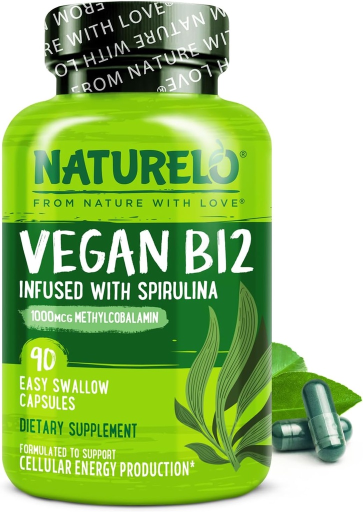 NATURELO Vegan B12 - Méthyl B12 avec Spiruline organique - Vitamine à haute puissance B12 1000 mcg Méthylcobalamine - Soutient l'humeur saine, l'énergie, le coeur et la santé des yeux - 90 capsules