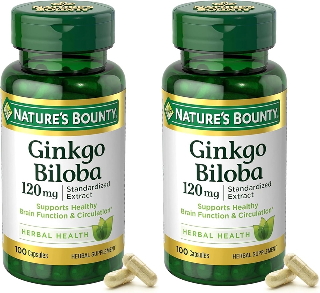 Nature's Bounty Ginkgo Biloba Extrait normalisé 120 mg, bouteilles à base de plantes, gélule, 100 Compte, boîte de 2