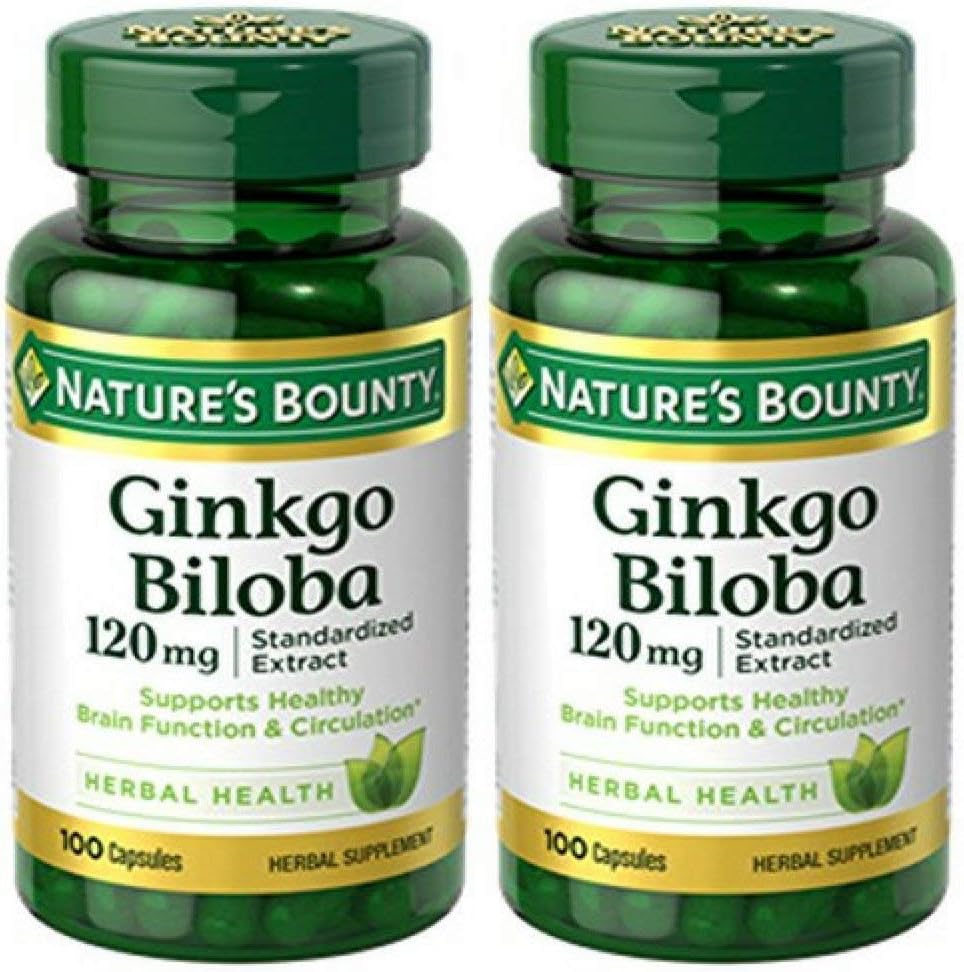 Nature's Bounty Ginkgo Biloba Standardized Extract 120 mg, Herbal Bottles, Capsule, 100 Count, Pack of 2